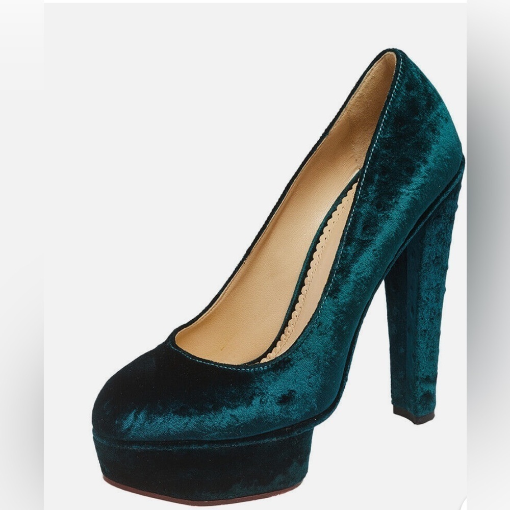 Charlotte Olympia Emerald Green Textured Velvet Pump High Heels Size 7.5